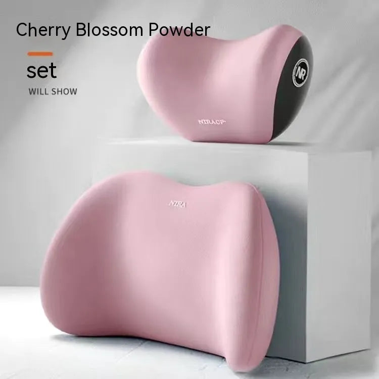 Car headrest pillow and lumbar support pillow set in a choice of five colours on a car seat.