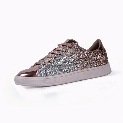 Women's low-top casual shoes with black sequin upper, round toe, and white rubber sole with lace-up closure.