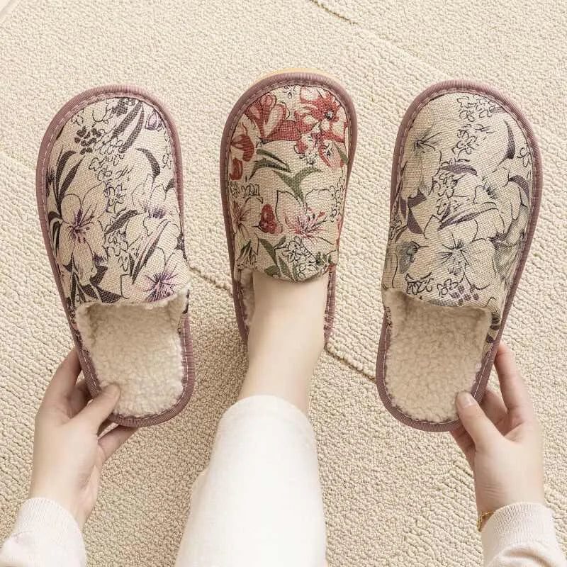 Warm winter linen surface cotton slippers for household use, available in red flower, lotus flower, purple flower, orange flower, gold coffee, and gold black colourways with PVC sole material and size options ranging from 25cm to 30cm.