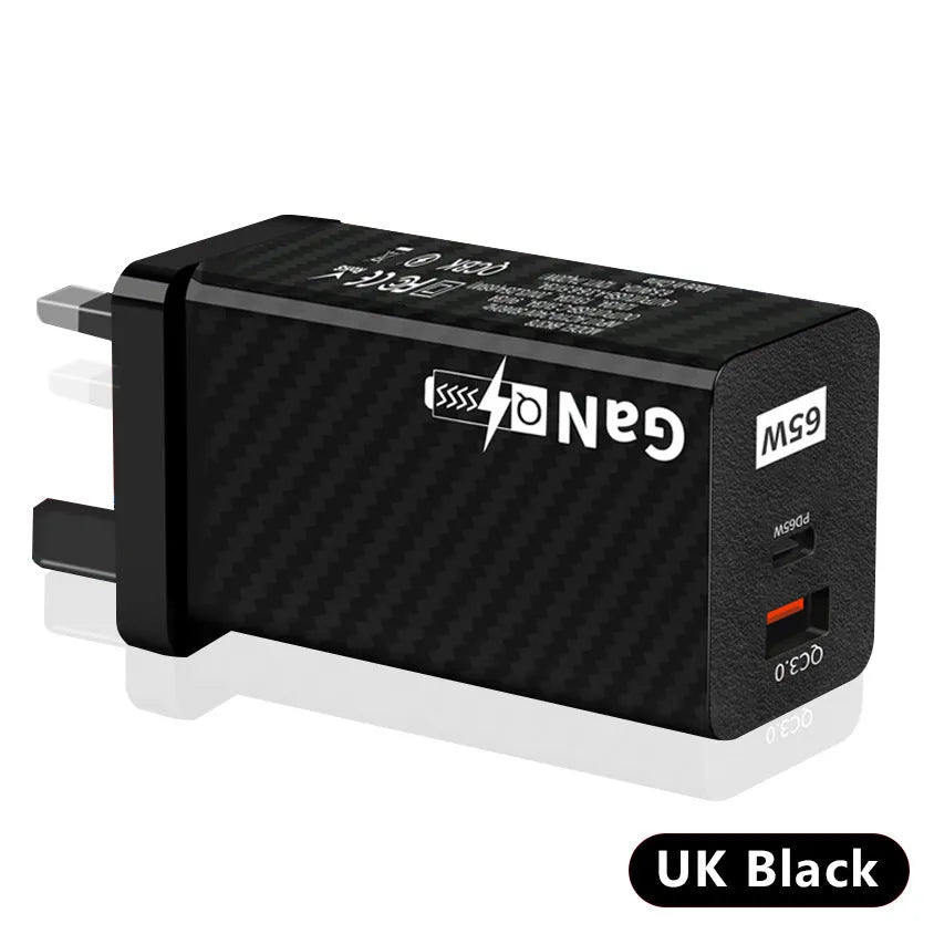 Compact white 65W Gallium Nitride USB-PD laptop charger with plug