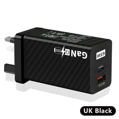 Compact white 65W Gallium Nitride USB-PD laptop charger with plug