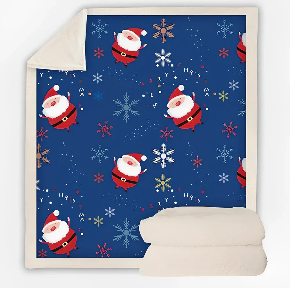 Christmas pattern coral fleece blanket on sofa showing HD printing detail and modern minimalist design