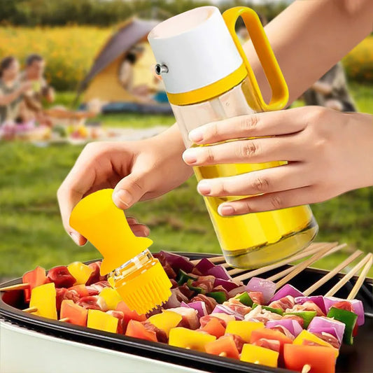 Yellow 2-in-1 oil dispenser with silicone brush, 550ml glass bottle with stainless steel nozzle