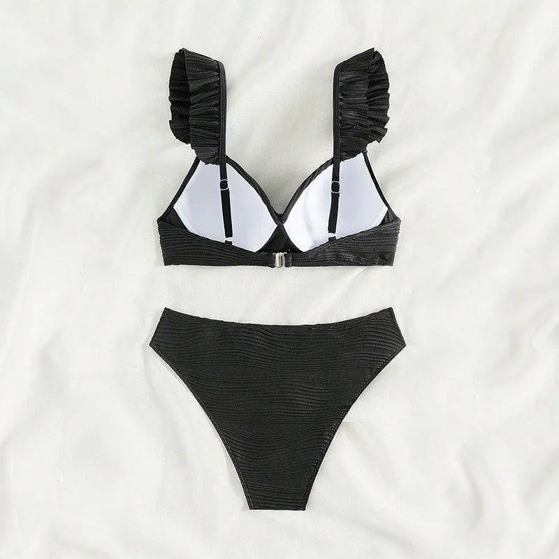 Women's solid colour bikini swimsuit set in black or khaki