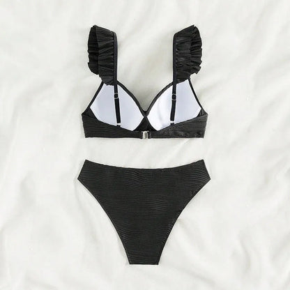 Women's solid colour bikini swimsuit set in black or khaki