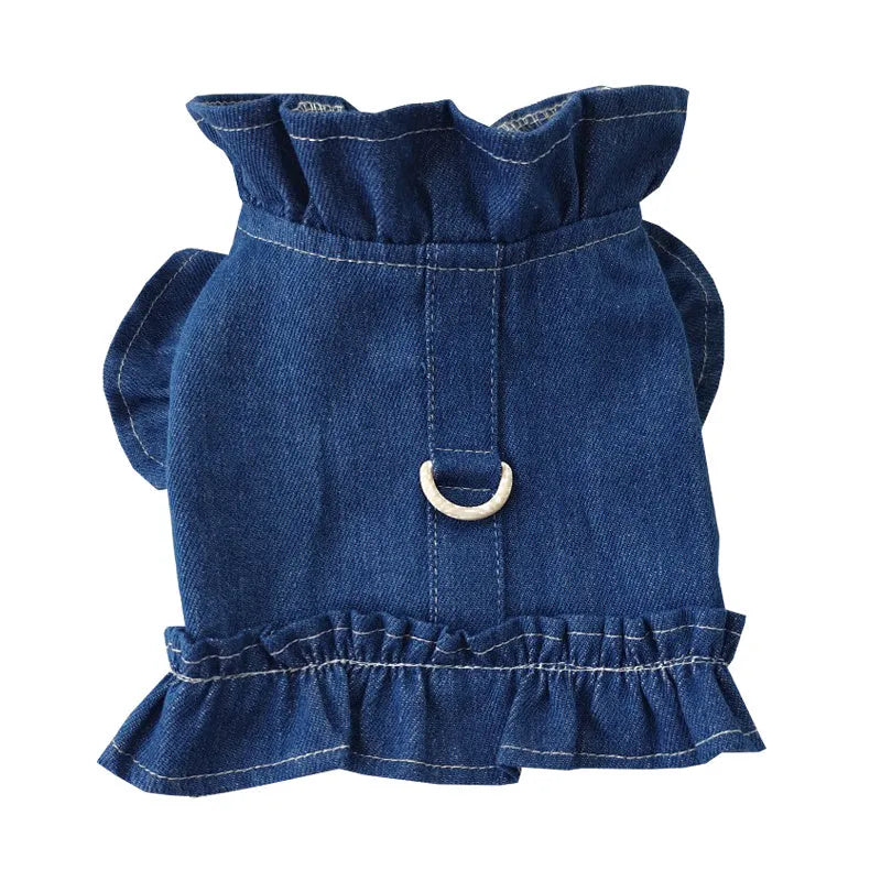 Blue denim pet dress with ruffles and back harness hook for dogs and cats