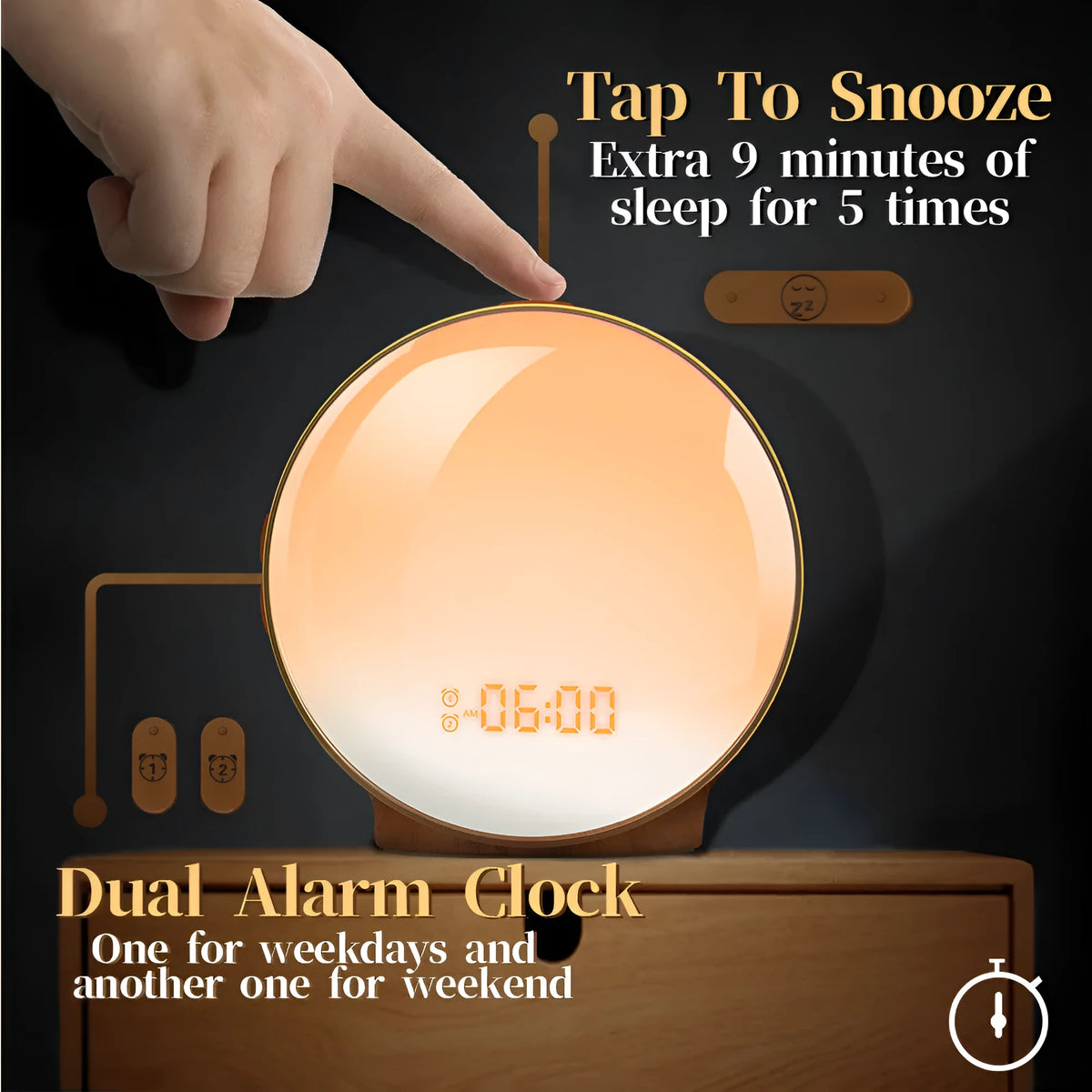 Sunrise alarm clock wake up light with wood grain base, 16x16x6cm, USB powered, voice control, two alarms