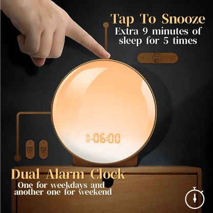 Sunrise alarm clock wake up light with wood grain base, 16x16x6cm, USB powered, voice control, two alarms