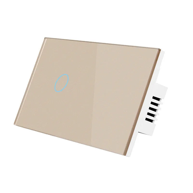 White tempered glass smart touch light switch with blue LED indicator on a UK wall.