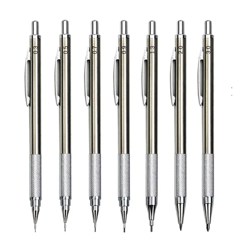 Metal automatic mechanical pencil showing multiple lead diameter options including 0.5 mm, 0.7 mm, 0.9 mm, 1.3 mm, and 2.0 mm
