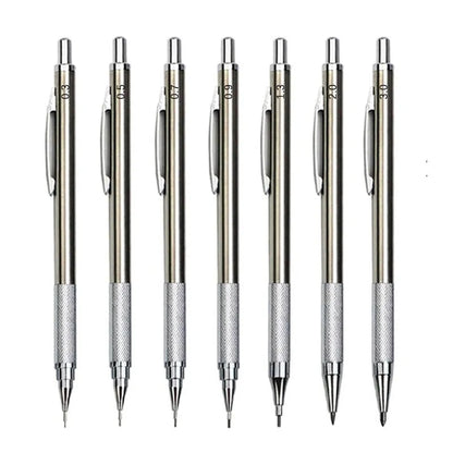 Metal automatic mechanical pencil showing multiple lead diameter options including 0.5 mm, 0.7 mm, 0.9 mm, 1.3 mm, and 2.0 mm