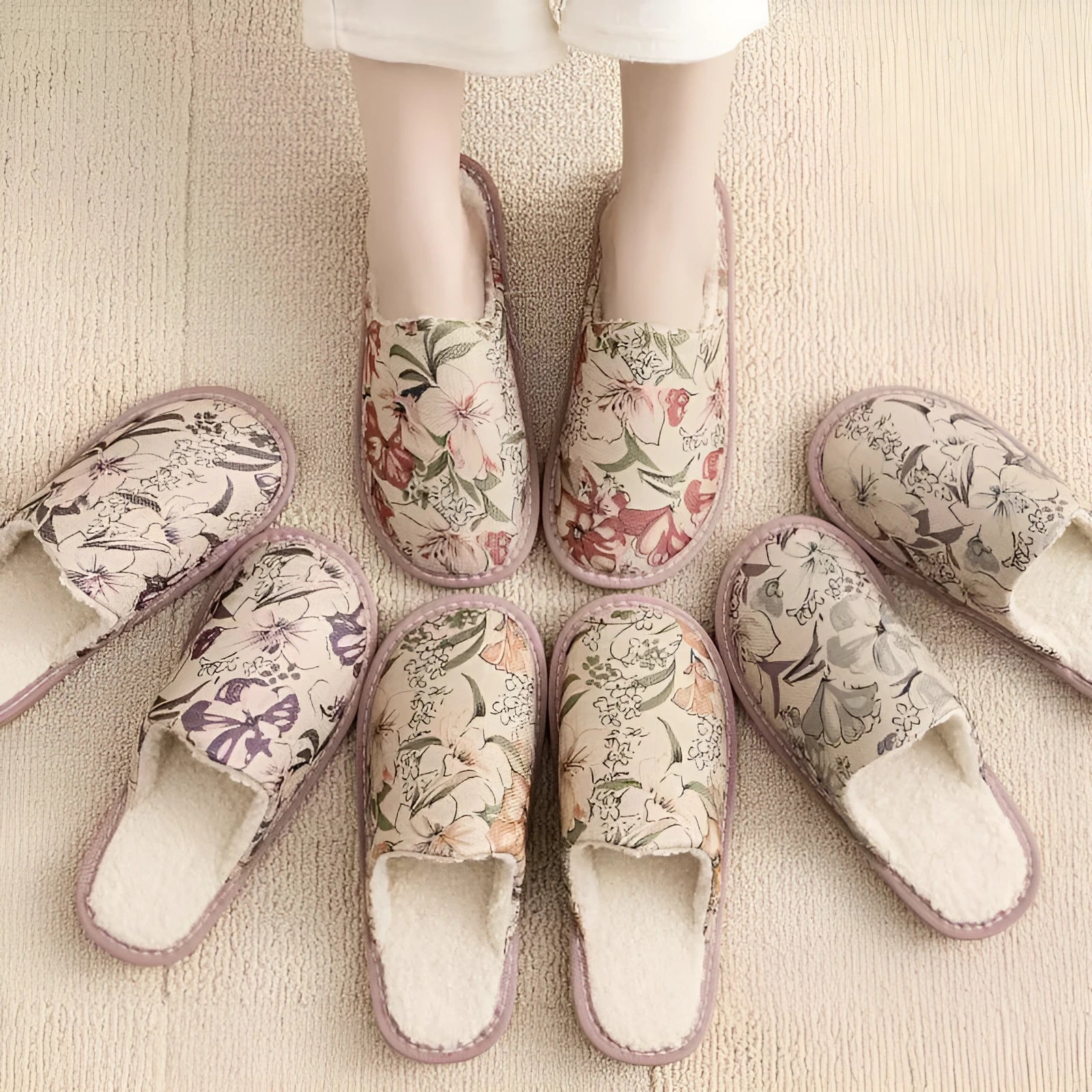Warm winter linen-surface cotton household slippers in red flower colour with PVC sole.