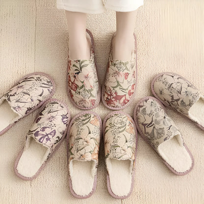 Warm winter linen-surface cotton household slippers in red flower colour with PVC sole.