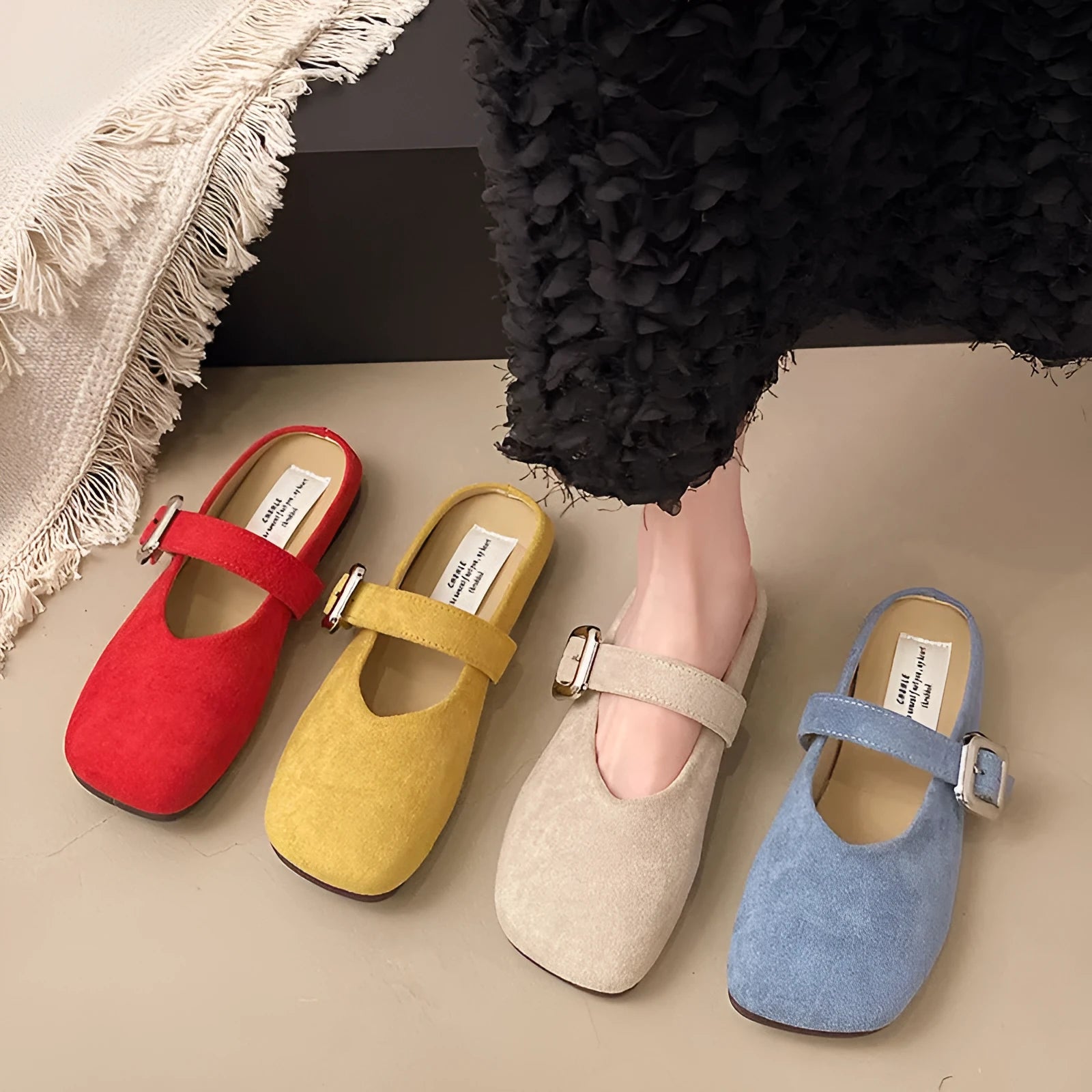 Women's closed toe flat slippers in apricot colour with square toe shape and rubber sole