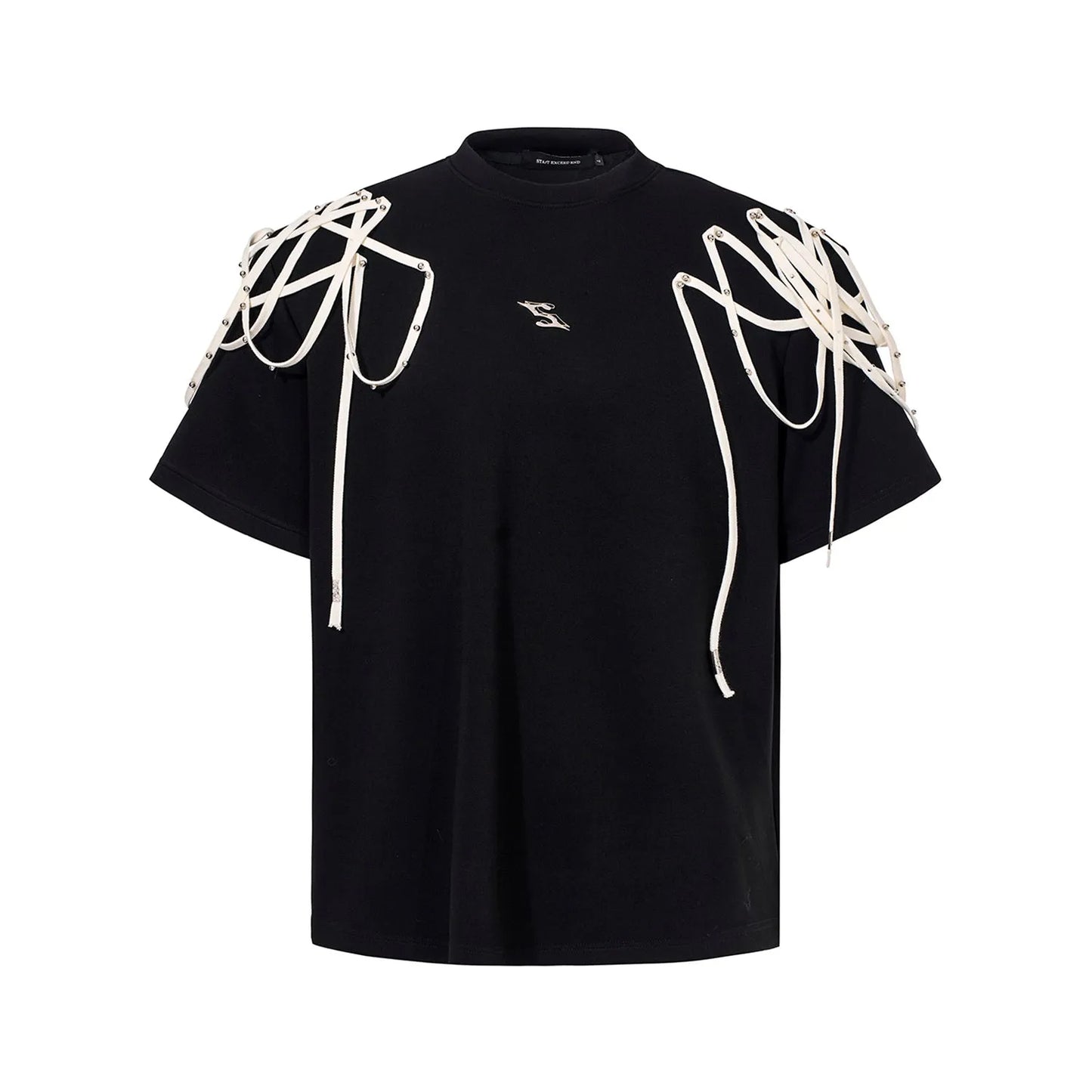 Black loose fit short sleeve T-shirt with rivet ribbon padded shoulder detail and round neck