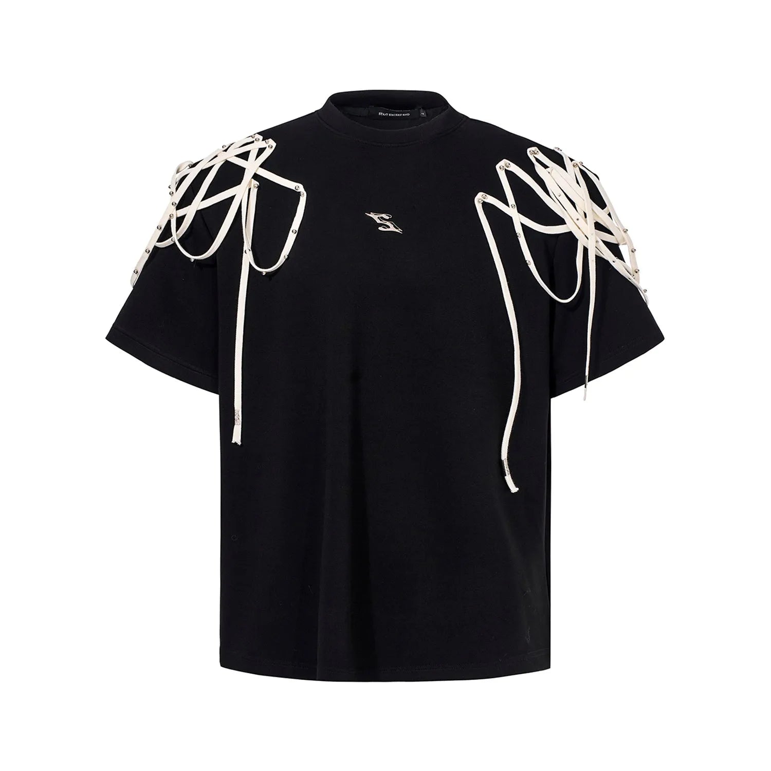 Black loose fit short sleeve T-shirt with rivet ribbon padded shoulder detail and round neck