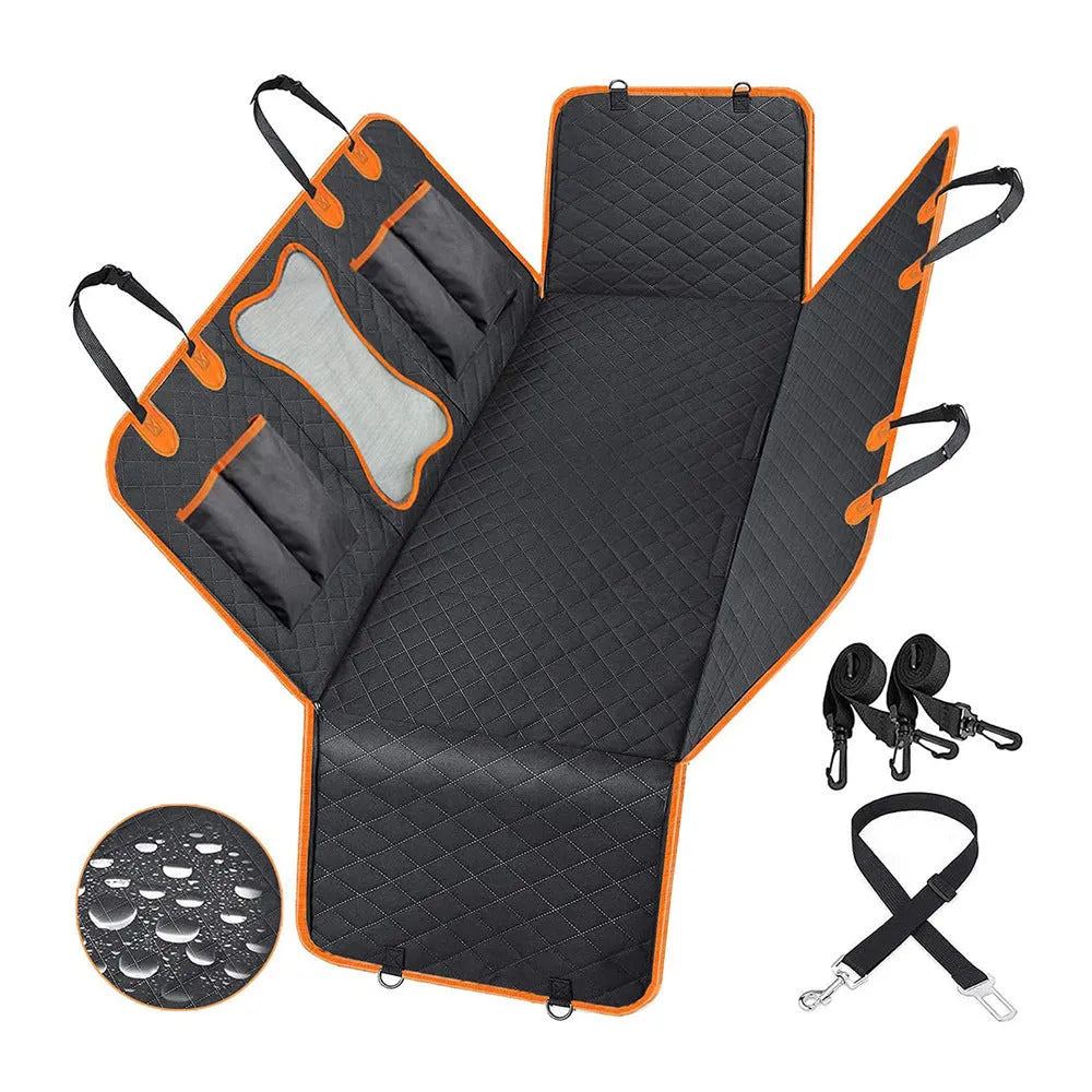 Black and orange edged waterproof dog car seat cover hammock made from 600D Oxford cloth