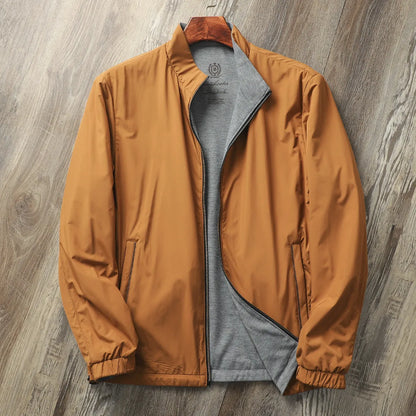 Men's stand collar casual jacket in polyester fibre with cotton lining, shown in available colours