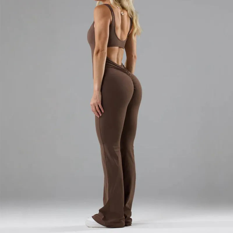 Women's tight Milk Silk yoga bodysuit in seamless hollow design with chest pad, shown in a trousers-length mid-waist fit.