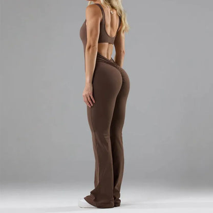 Women's tight Milk Silk yoga bodysuit in seamless hollow design with chest pad, shown in a trousers-length mid-waist fit.
