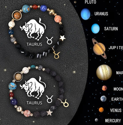 Two natural stone zodiac sign bracelets with adjustable cords showing hand-strung bead designs