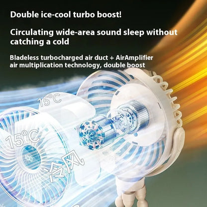 Portable clip-on stroller fan with brushless motor in beige, black, mint green, and glacier colour options