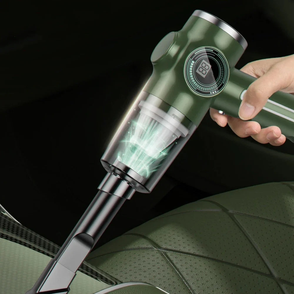 Black and green handheld vacuum cleaner with USB charging cable for car and home use