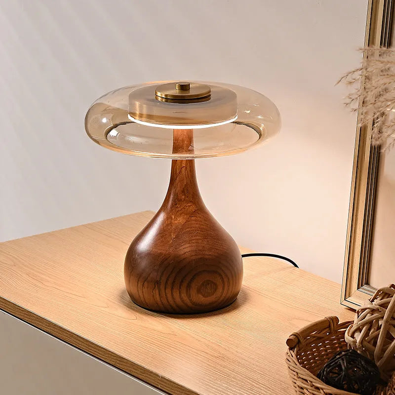 Bedside lamp made from solid wood with a Japanese retro style, featuring a metal lamp holder and a polished finish, suitable for bedroom use with low voltage (≤ 36V) operation and available in ash wood with a cognac hood.