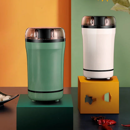 Small white grain grinder with 120g capacity and 5000 rpm motor for household flour milling