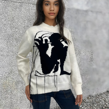 Women's alpaca wool sweater with abstract pattern tassel design in grey colour