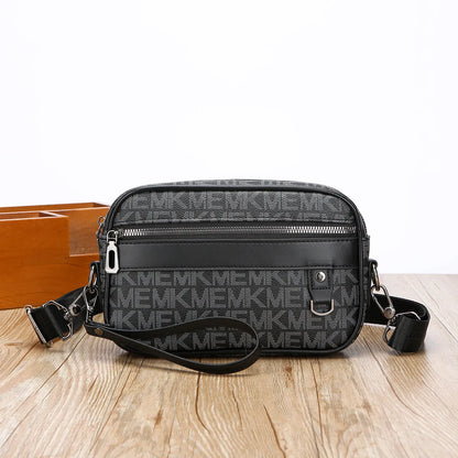 Men's casual geometric pattern messenger bag in PU leather with large capacity.