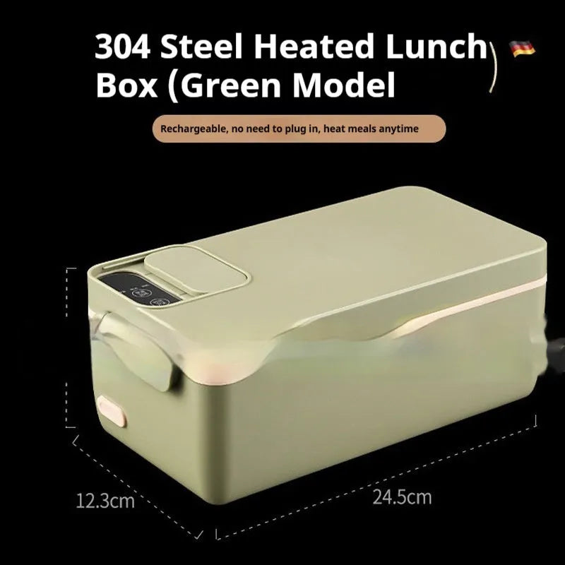 Rechargeable electric lunch box with 304 stainless steel liner, 40W USB power, timing function, 245x90x124mm