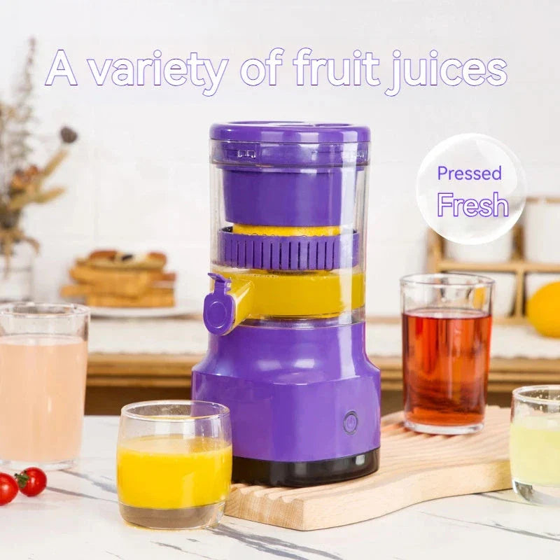 Electric citrus juicer with rechargeable battery, versatile for lemons, limes, oranges, and grapefruits