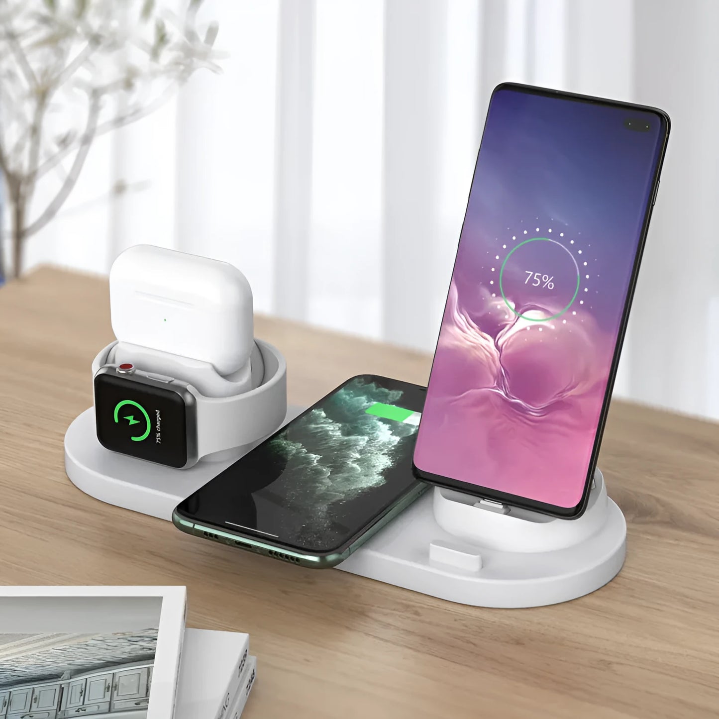 Black 6-in-1 wireless charging station with phone in holder, AirPods case, and smartwatch on charging spots.