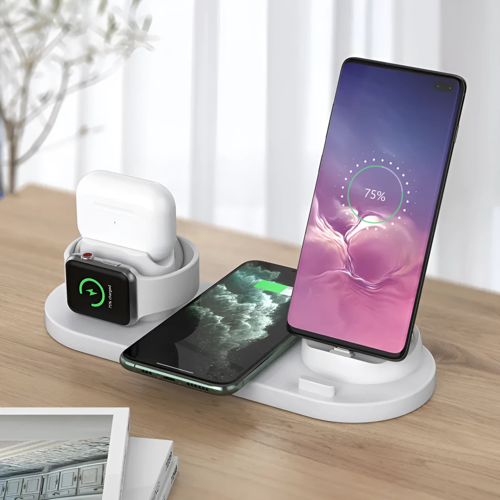 Black 6-in-1 wireless charging station with phone in holder, AirPods case, and smartwatch on charging spots.
