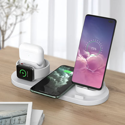 Black 6-in-1 wireless charging station with phone in holder, AirPods case, and smartwatch on charging spots.