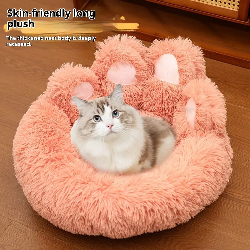 Round plush cloth dog bed in coffee colour, grey or pink, hand-shaped brush nest design, 50cm to 130cm diameter