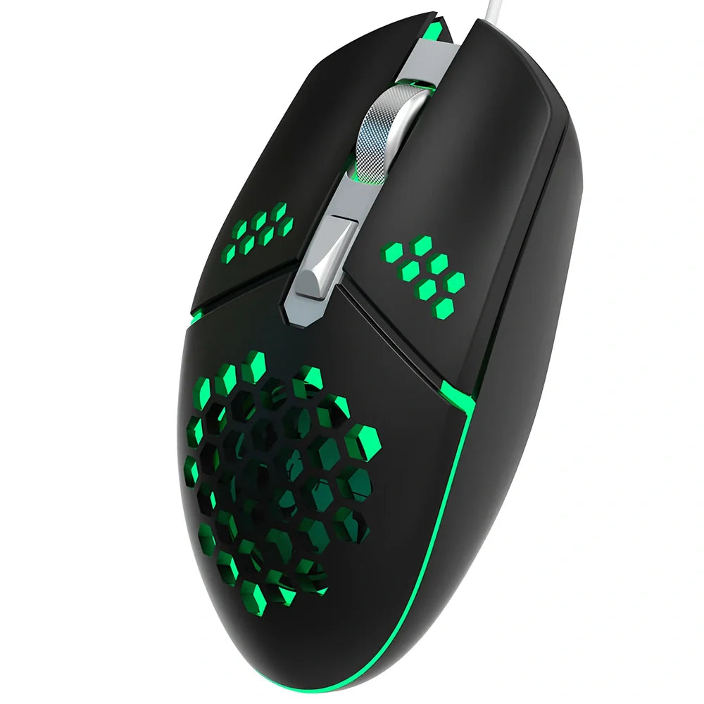 Black wired optical gaming mouse with cooling fan holes and ergonomic rat-sized design for desktop use