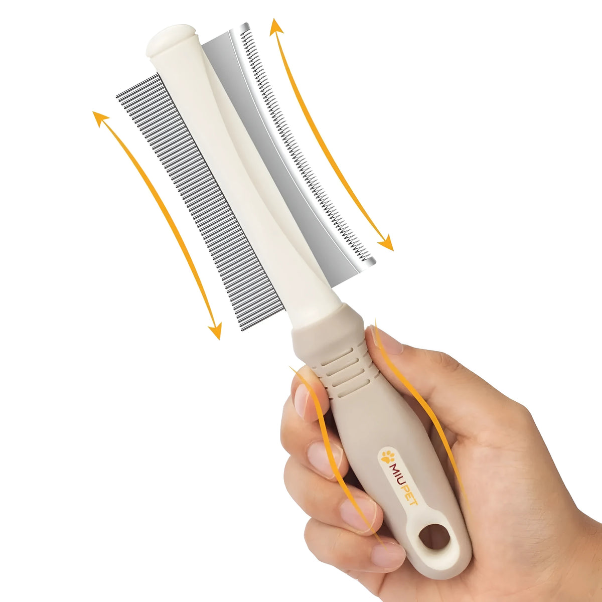 White 2-in-1 dog and cat deshedding brush with grooming comb, curved design, and ergonomic handle