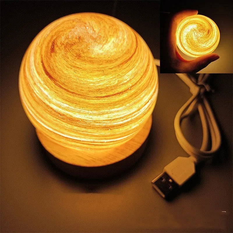 Planet night light with USB cable and base, showing 80mm model and three-colour dimming options