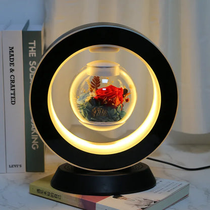 Magnetic levitation eternal rose lamp with rotating 15cm flower sphere above white base