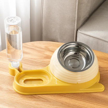 Brown elevated pet feeding bowl with attached water bottle for cats and small dogs on a wooden floor.