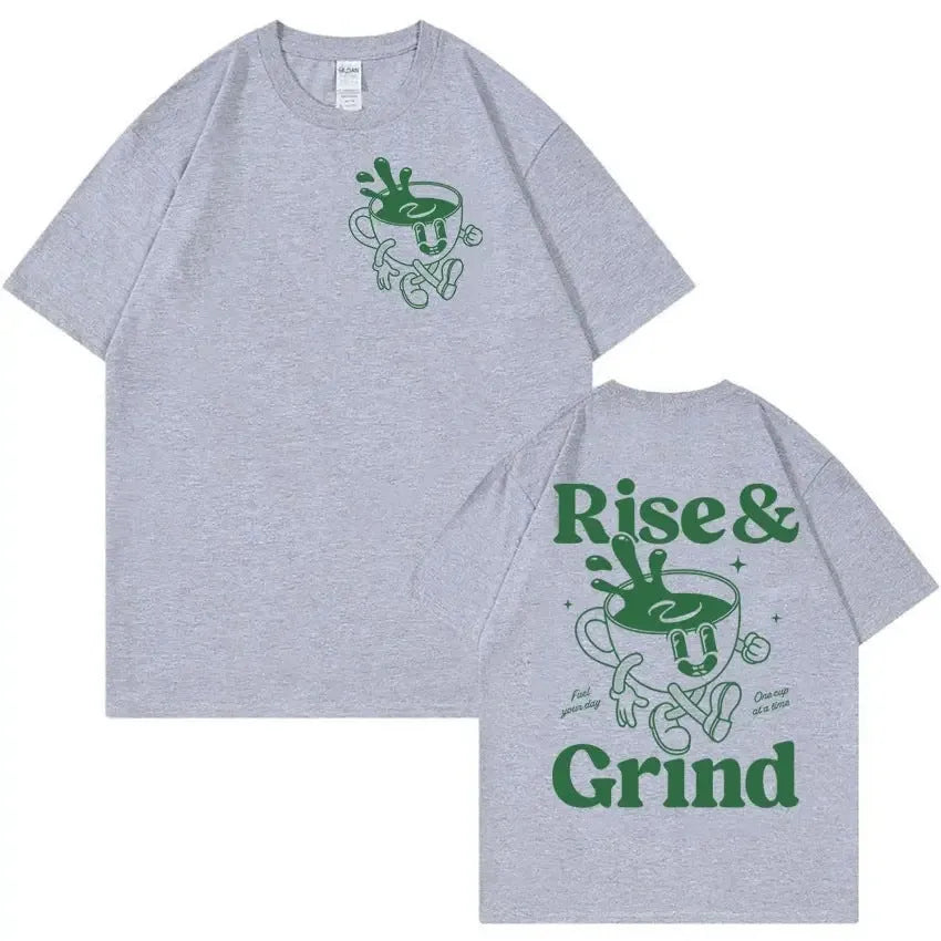 Men's loose grey linen t-shirt with a printed green coffee cartoon and 'Rise and Grind' text.