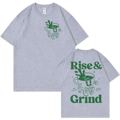 Men's loose grey linen t-shirt with a printed green coffee cartoon and 'Rise and Grind' text.