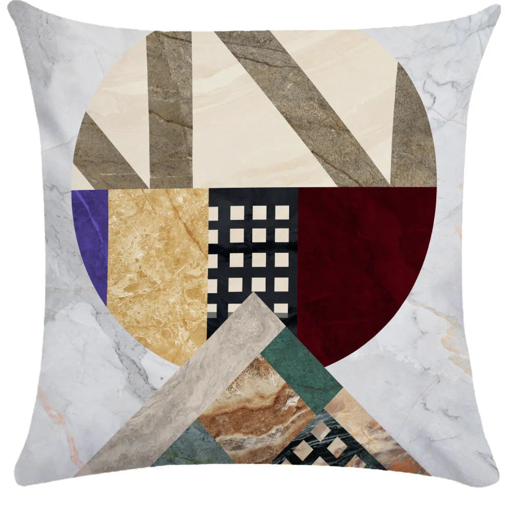 Geometric pattern throw pillow on office sofa showing 45x45cm size with ultra-flexible printing