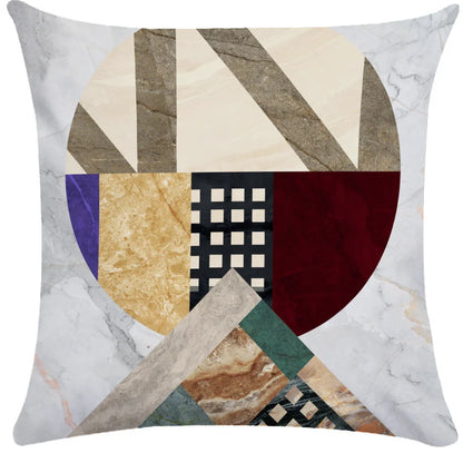 Geometric pattern throw pillow on office sofa showing 45x45cm size with ultra-flexible printing