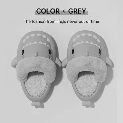 Cozy shark-inspired slippers with plush material and durable EVA soles for comfortable indoor and outdoor wear