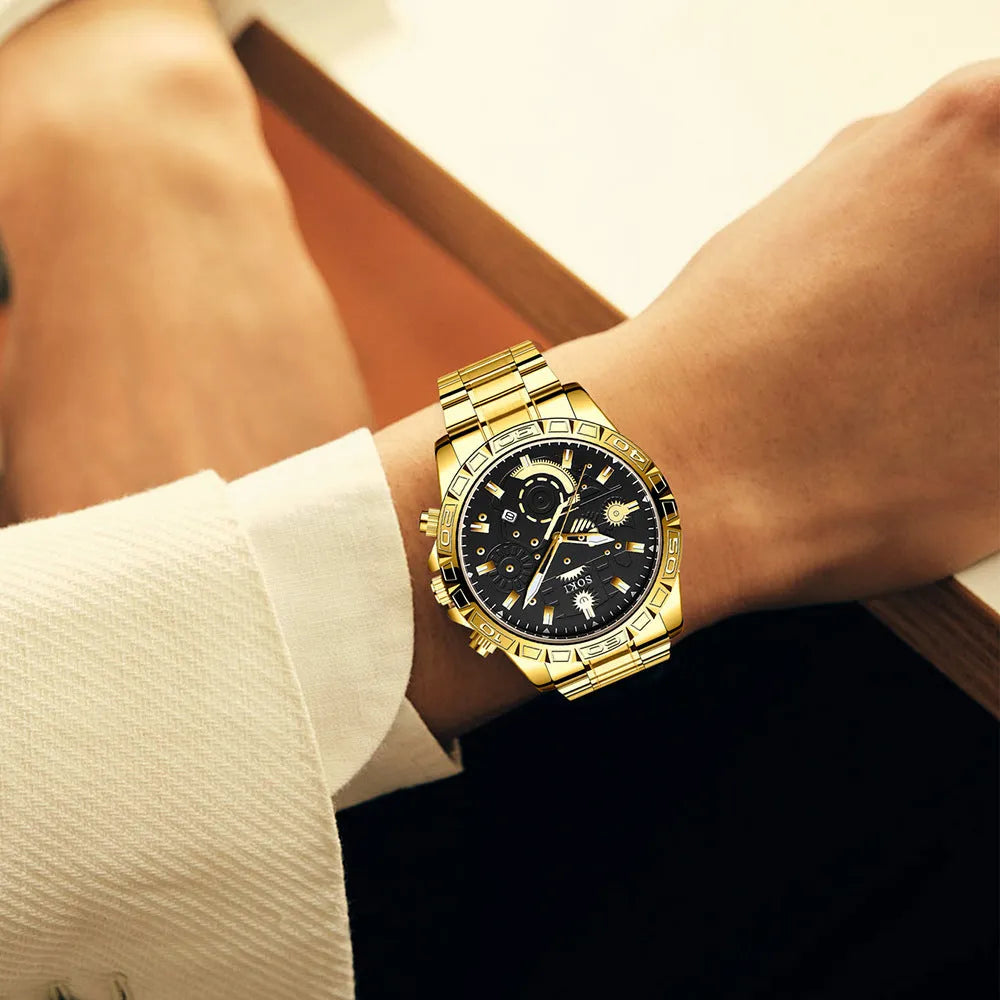 Men's gold business quartz watch with stainless steel strap showing time at 10:10, calendar window at 3 o'clock position
