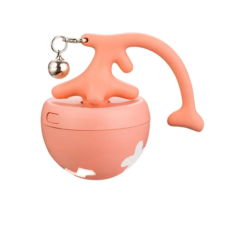 Blue USB rechargeable electric cat teasing ball with fish bone attachments and a separate feather teasing stick.