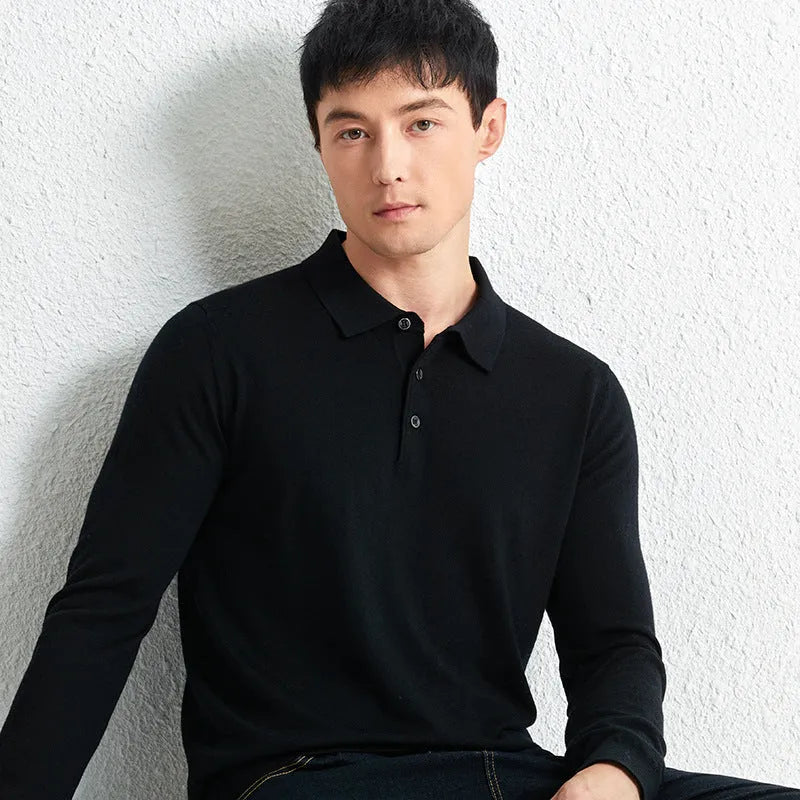 Men's fine pure wool knit pullover sweater, mid-length 65cm, long sleeve, machine washable, in iron gray, black, star gray, or Yago red.